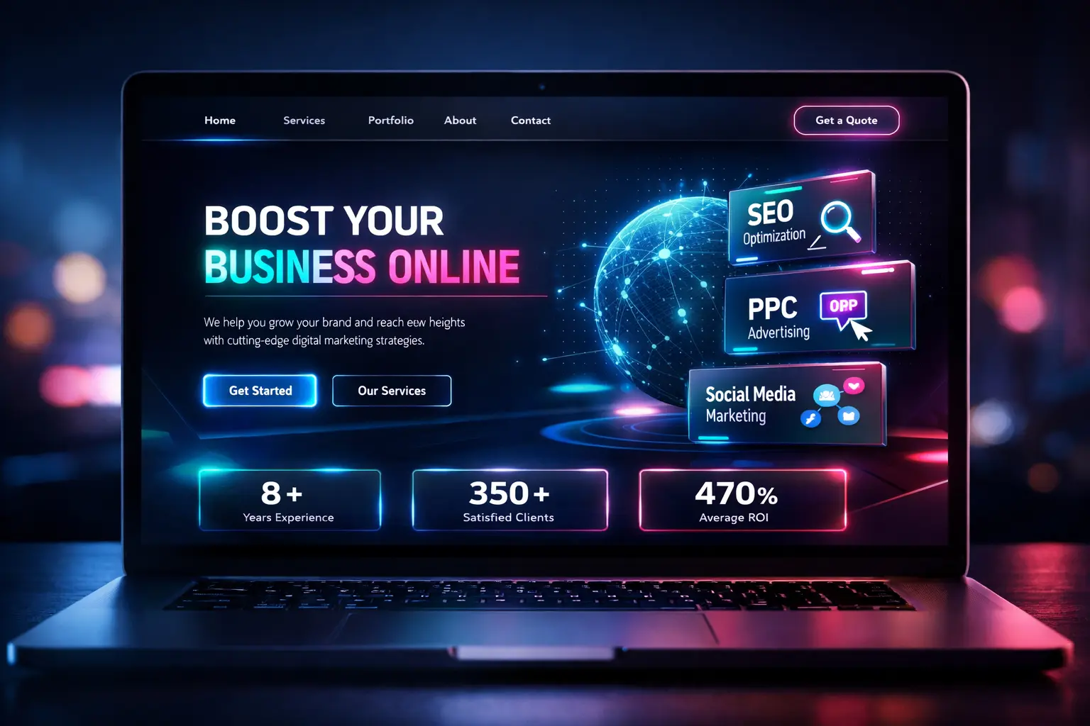 Moderan dizajn sajta na laptopu sa tamnim UI i neon efektima